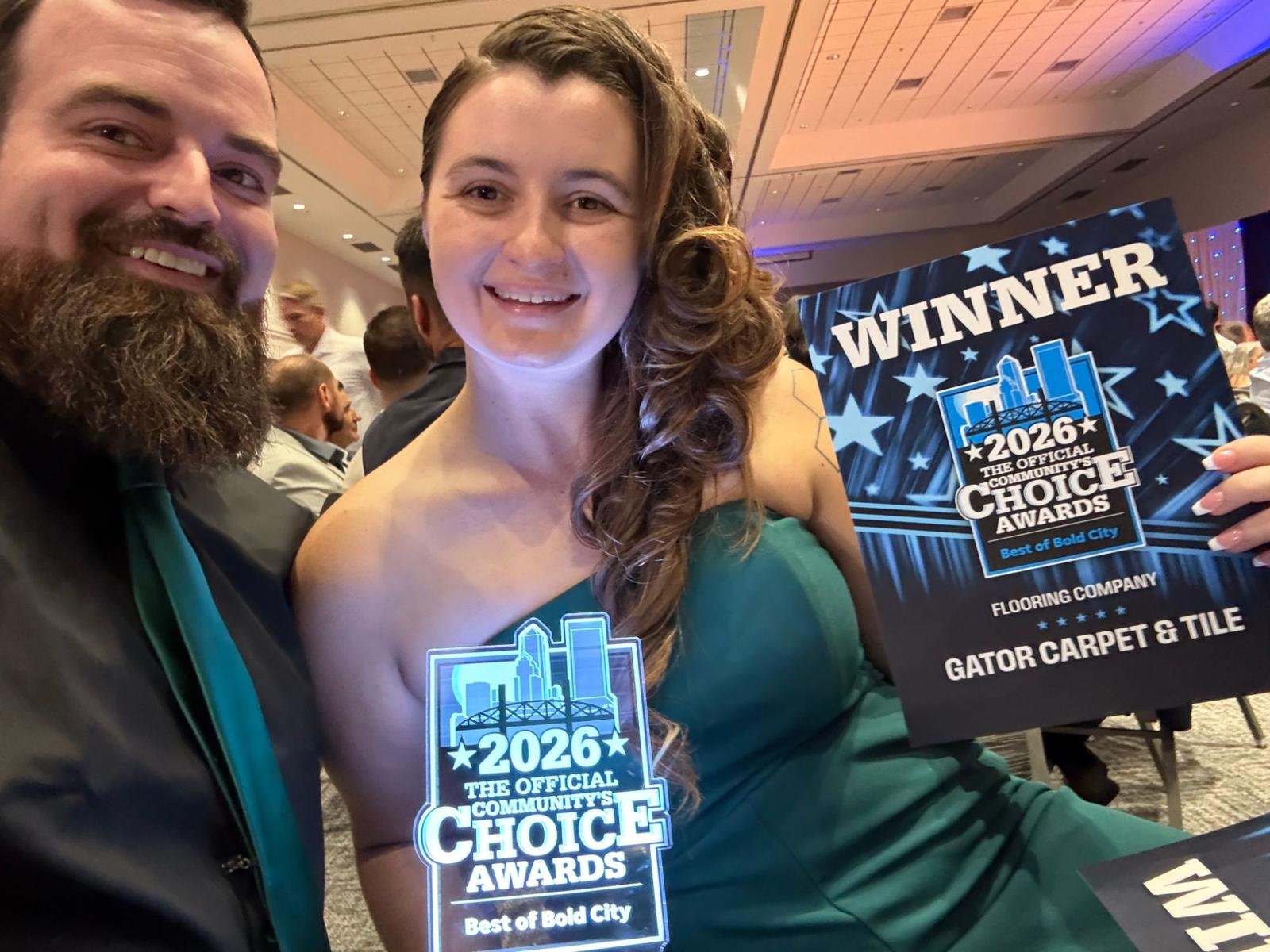 Shane and Alex of Gator Carpet and Tile holding the 2026 Best of Bold City Best Flooring Company award