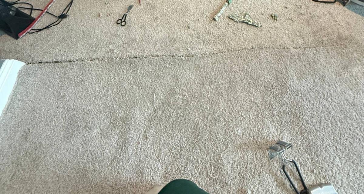 Split carpet seam before repair in a Jacksonville home